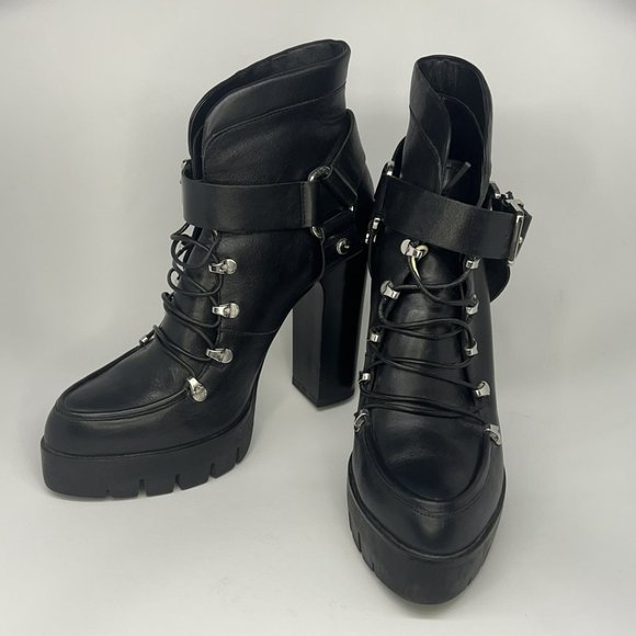 Zara Black Leather Platform Lug Sole Harness Lace Up Ankle Boots EU 39 (US M) - Picture 4 of 10